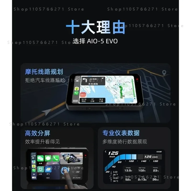 AIO-5 EVO Motorcycle Smart Head Unit – CarPlay/Android Auto, GPS Navigation, Dash Cam & TPMS