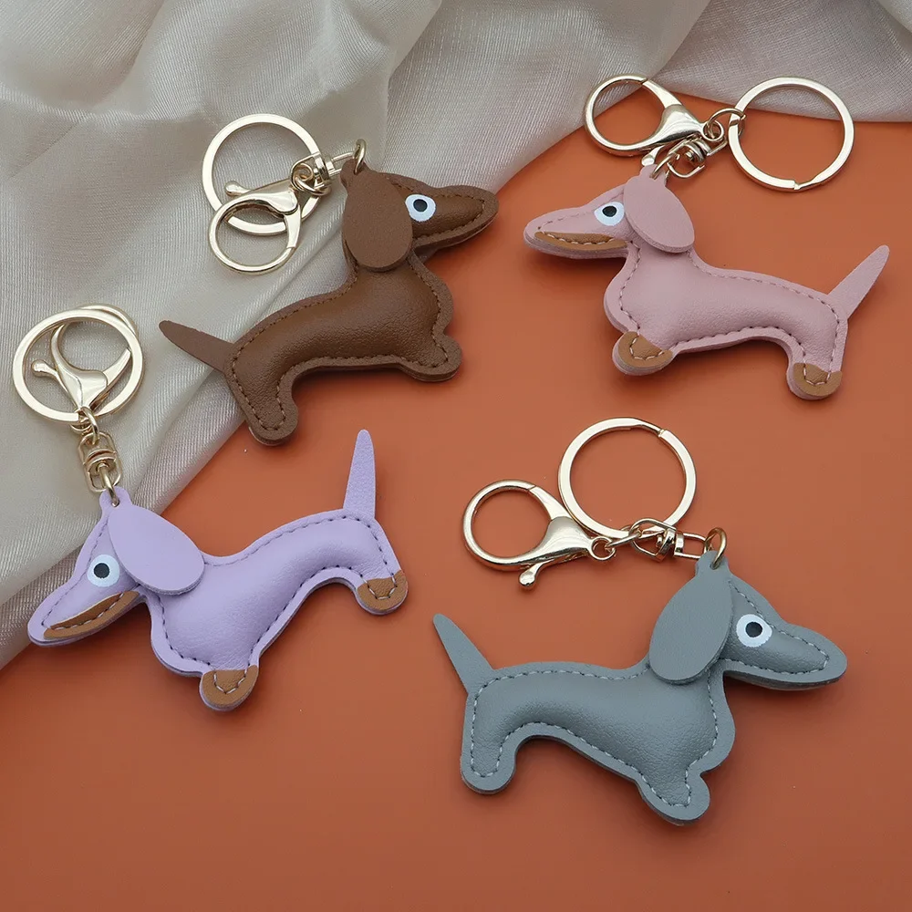 16Colors Mini Dachshund Dog Metrl Keychain PU Leather Animals Keyring Hanging Ornament Backpack Handbag Charm Gift for Men Women