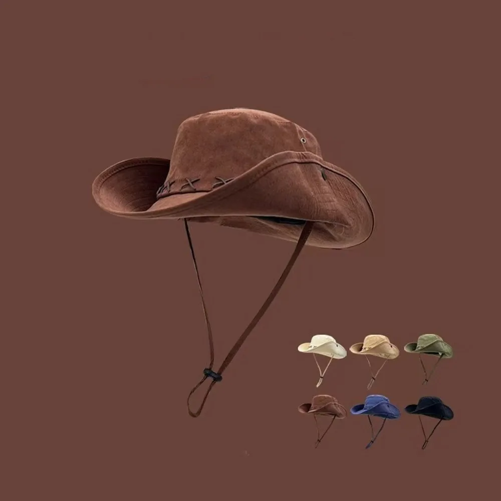 

Fashion Breathable Western Cowboy Hat Adjustable Retro Wide Brim Sun Hat Anti UV Climbing Fisherman Sunshade Cap Man