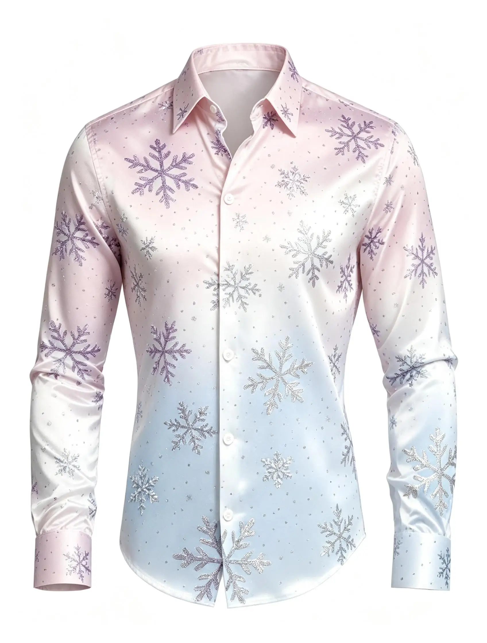 Men Winter Snowflake Graphic Shirt, White Base Blue Snow Dot Print Long Sleeve Casual New Year Party Wear