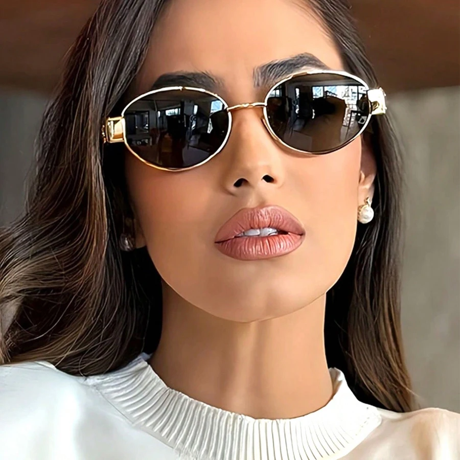 Vintage Oval Sunglasses 2024 New Stylish Metal Rim Outdoor Shades Trendy Fashion Luxury Brand Design Anti-UV Sun Glasses