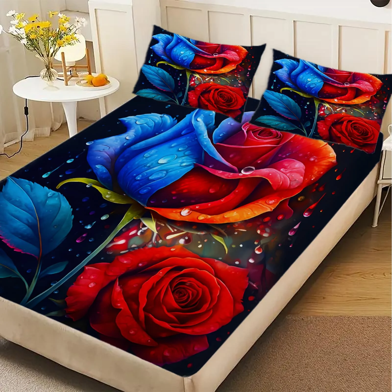 1pc Vibrant Blue & Red Rose Print Fitted Sheet Deep Pocket Elastic Mattress Cover Single Double Queen King Bedroom Decor