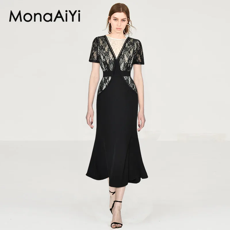 

MonaAiYi Fashion Designer spring Summer Women's O-Neck Mesh Lace Sashes Pretty Slim-Fit Hip Wrap Mermaid Dresses