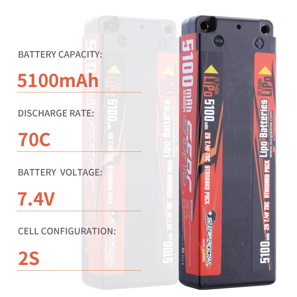 Sunpadow 2S Lipo Battery 5100mAh 6100 7100mAh 70C Hard Case with 4mm Bullet for RC 1/8 1/10 Scale Vehicle Car Truck Tank Racing