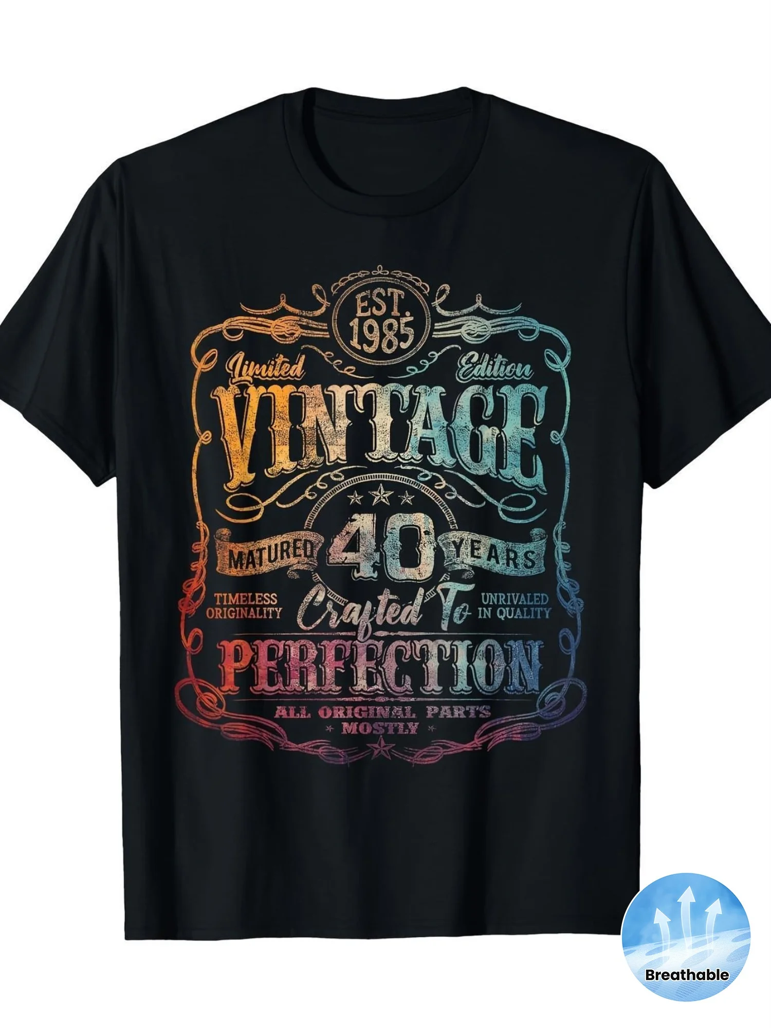 Men's Retro 1985 Limited Edition 40Th Birthday Tee-  80S Graphic Shirt Featuring Neon Vintage Design, Breathable Moisture-Wicking Material, Comfortable Fit Short Sleeve Crew Neck for Celebrating 1985 Birth Year, Casual Wear,