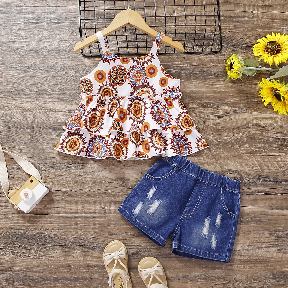PatPat 2pcs Baby Girl Geometry Pattern Ruffled Camisole and Ripped Denim Shorts Set Outing-Vacay Casual/Outdoor Full print