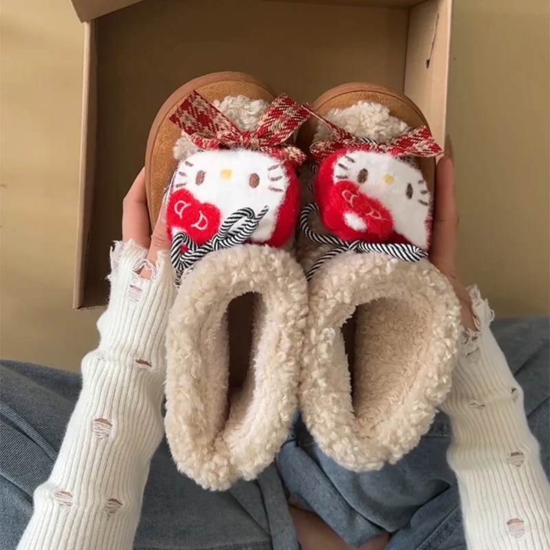 

Теплые зимние ботинки на толстой подошве с рисунком аниме Sanrio Hello Kittye, новые женские повседневные плюшевые хлопковые тапочки на осень и зиму