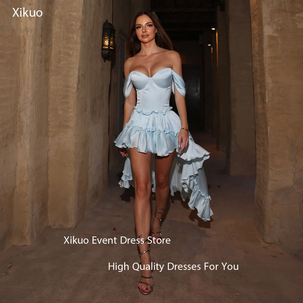 Xikuo Satin Asymmetric Ruffled Prom Gowns Off Shoulder High Low Hem Party Gown Sweetheart Fashion Graduation Dress Customized