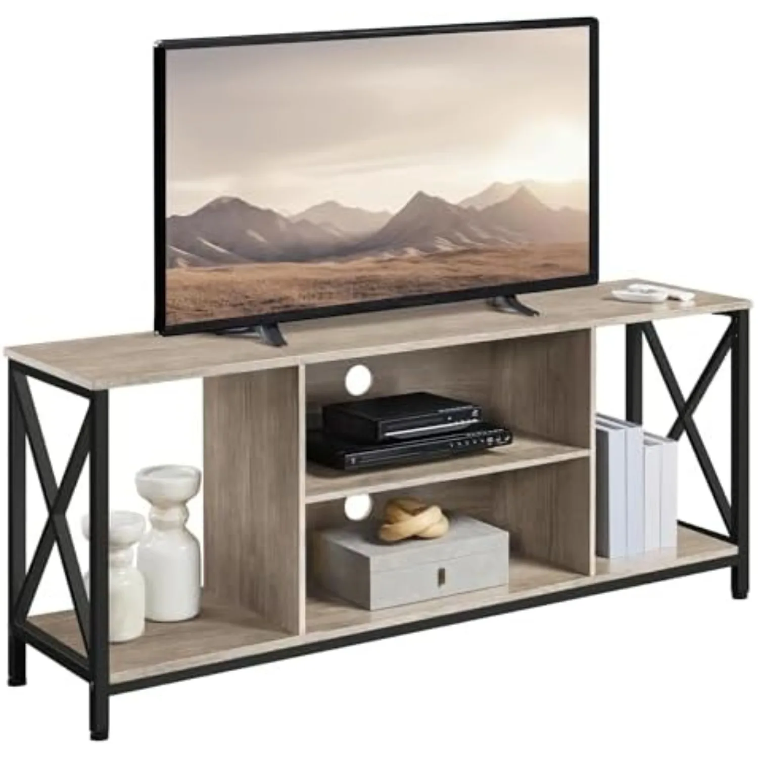TV Stand Fits 65 Inch, Living Room X-Frame Console Table, Gray | Entertainment Center with Open Storage Shelves, Slim