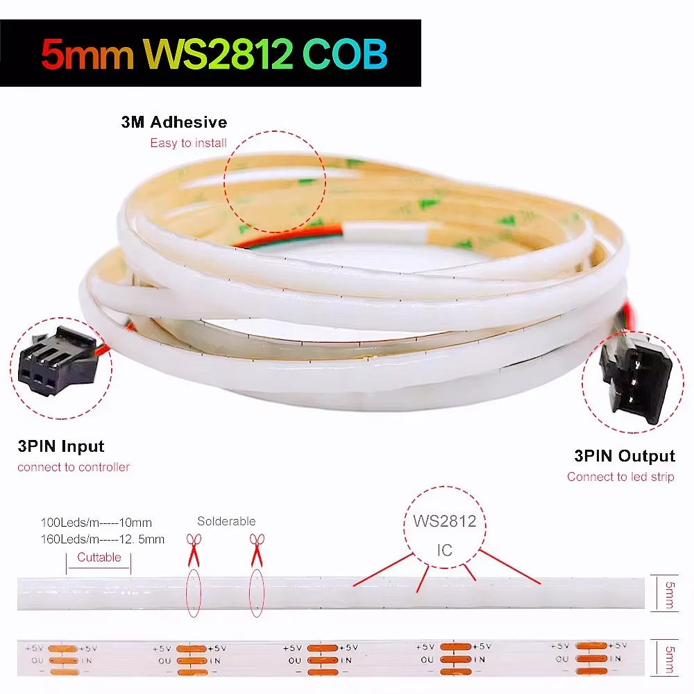 5mm WS2812B COB LED Light Strip Flexible 5V Bluetooth Music Controller Individually Addressable Light Strip 100 160Leds/M