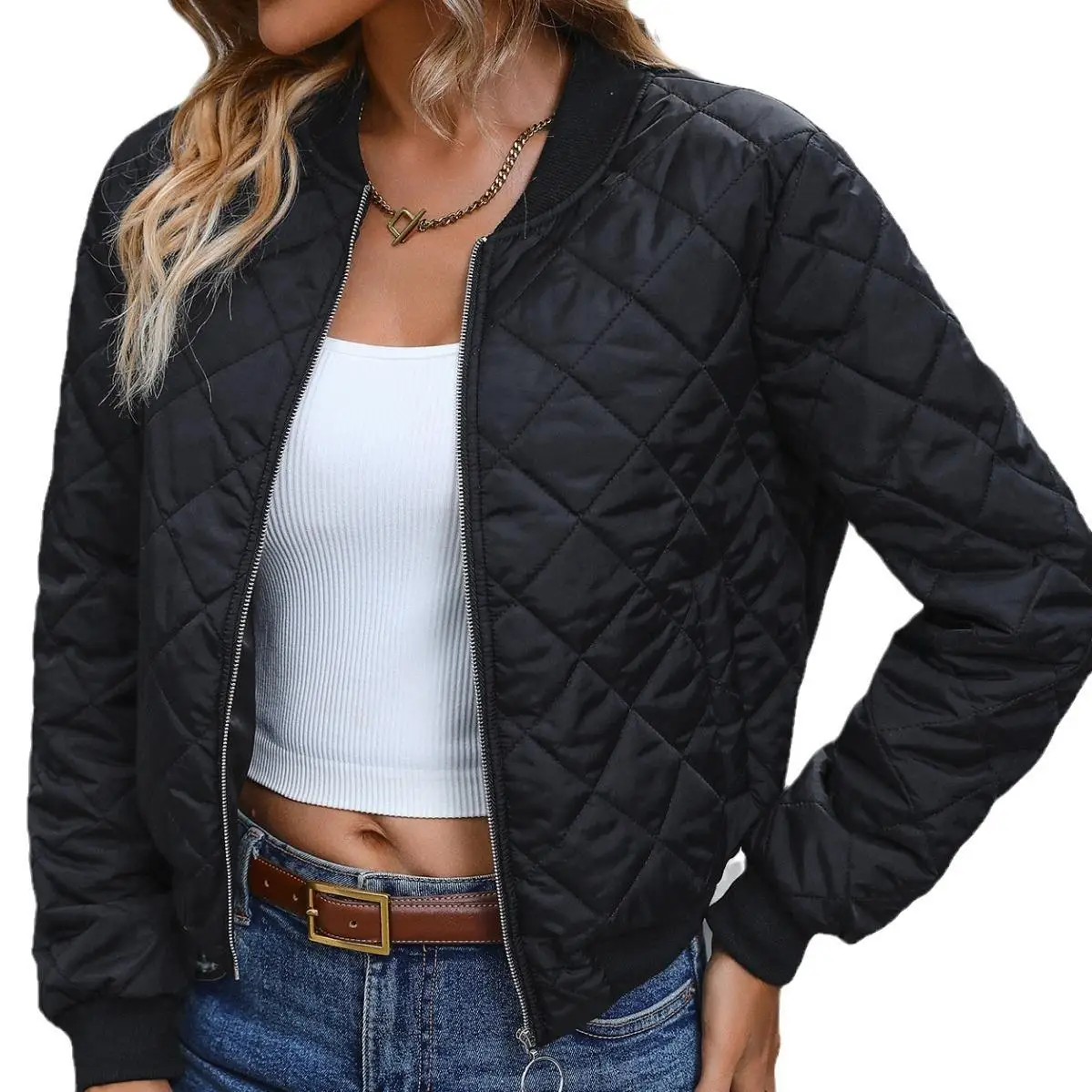 

Women's Plaid Standing Collar Baseball Jaet Cotton Thiened Long Sve Pure Color Autumn Faion Ladies' Coat