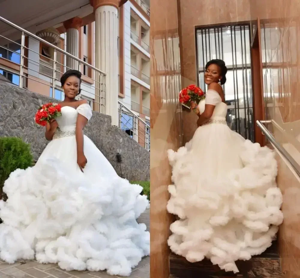 

Длинное свадебное платье русалки с открытыми плечами в африканском стиле с короткими рукавами на шнуровке сзади, милое тюлевое свадебное платье