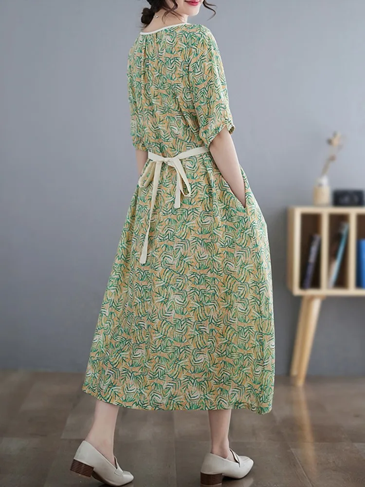 Women Casual Dresses New Arrival 2023 Summer Vintage Style O-neck Floral Print Loose Ladies Elegant A-line Long Dress B2266