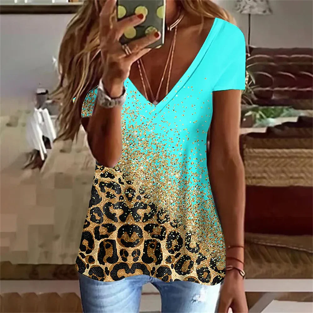 Fashion Leopard 3D Print T-shirt Women Y2k Tops Streetwear Harajuku Short Sleeve T Shirts V-Neck Tees Female Oversized Clothing image 3