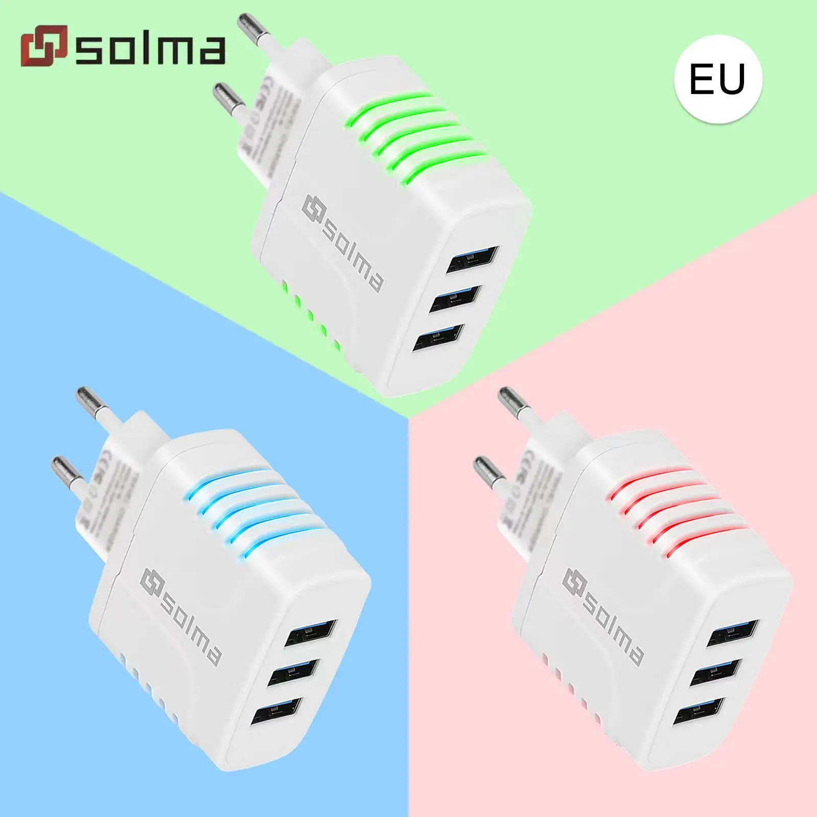 New EU Standard LED Charge Charger 3 ports USB Plug for Mobile Phone Travel Charger Universal Style Adapter