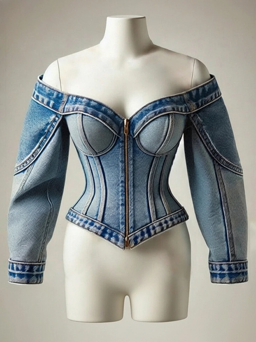 

Blue Denim Top Women Elegant Off The Shoulder Zip Up Cardigan Tops Slim Fit Long Sleeve Shirt Female Waist Cincher Blouse Jacket