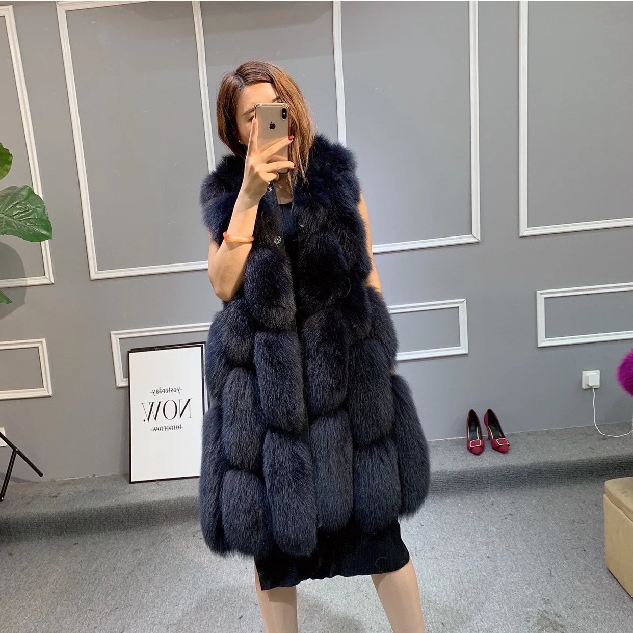 Real Fur Coat for Women Winter Jacket Long Natural Fox Fur Vest Real Sheepskin Leather Hood Thick Warm Overcoat Black New