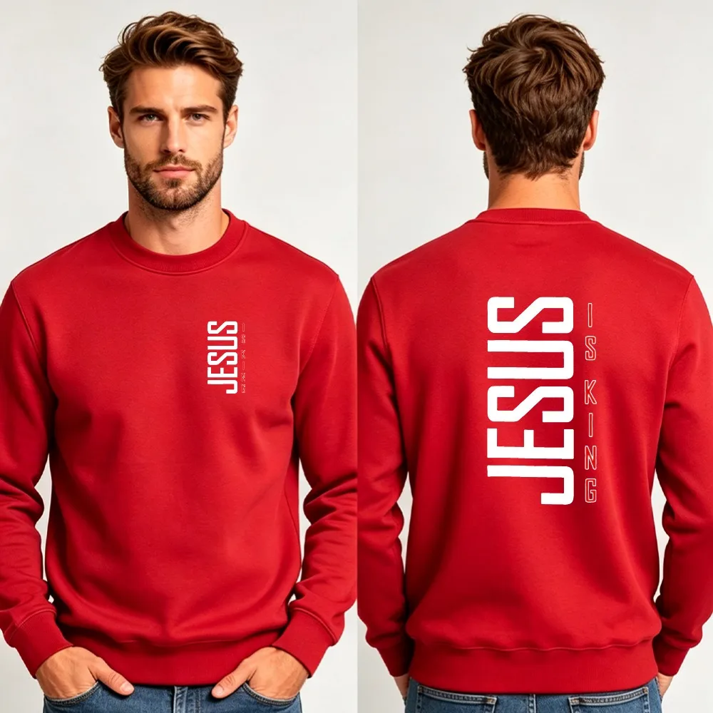 Men Jesus Is King Vertical Letter Double Sided Crewneck Sweatshirt Religious Christian Text Print Loose Long Sleeve Pullover Top