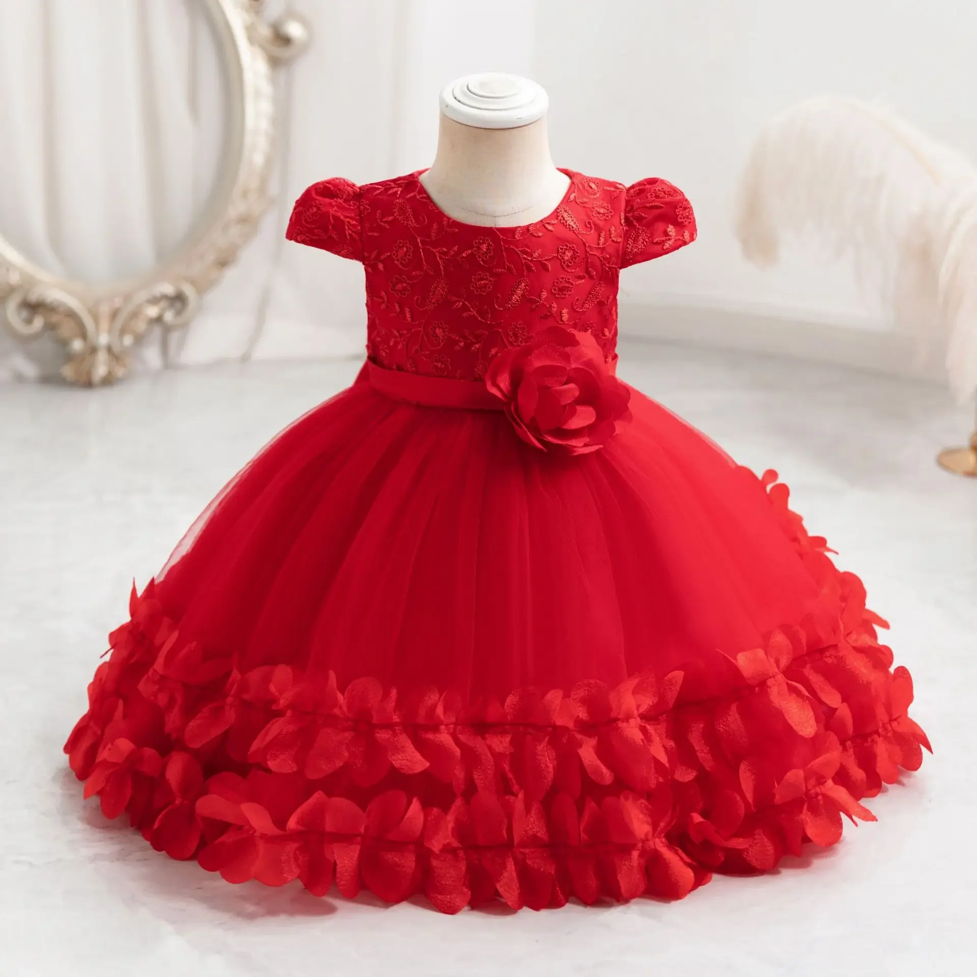 Flower Princess Dress For Girls 0 to 12 months Cute Bowknot Petal Clothes Baby Girl Gowns Embroidery Toddler Newborn One-piece