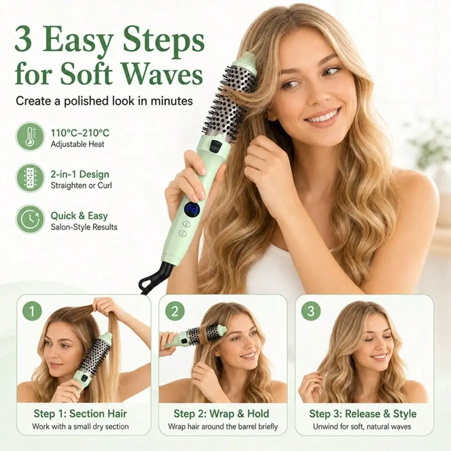 Curling and Straightening Brush with Anti-Scald Design and Digital Display, Heated Hair Styler Brush for Smooth Straight or Curly Looks, Travel Friendly Hair Straightener Brush, Gift for Women