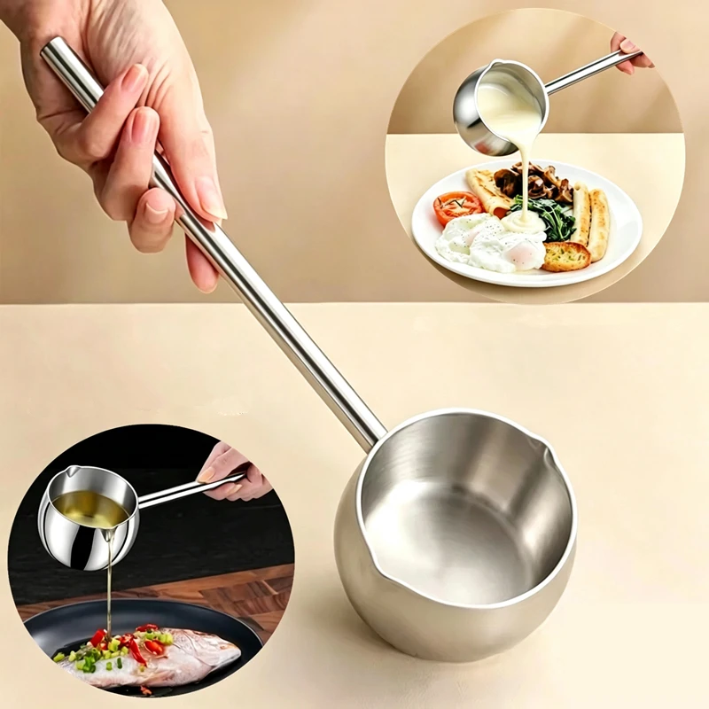 Cuchara de acero inoxidable para aceite caliente con mango extendido, anti-quemaduras y anti-salpicaduras, para verter aceite en ollas pequeñas, utensilio de cocina.