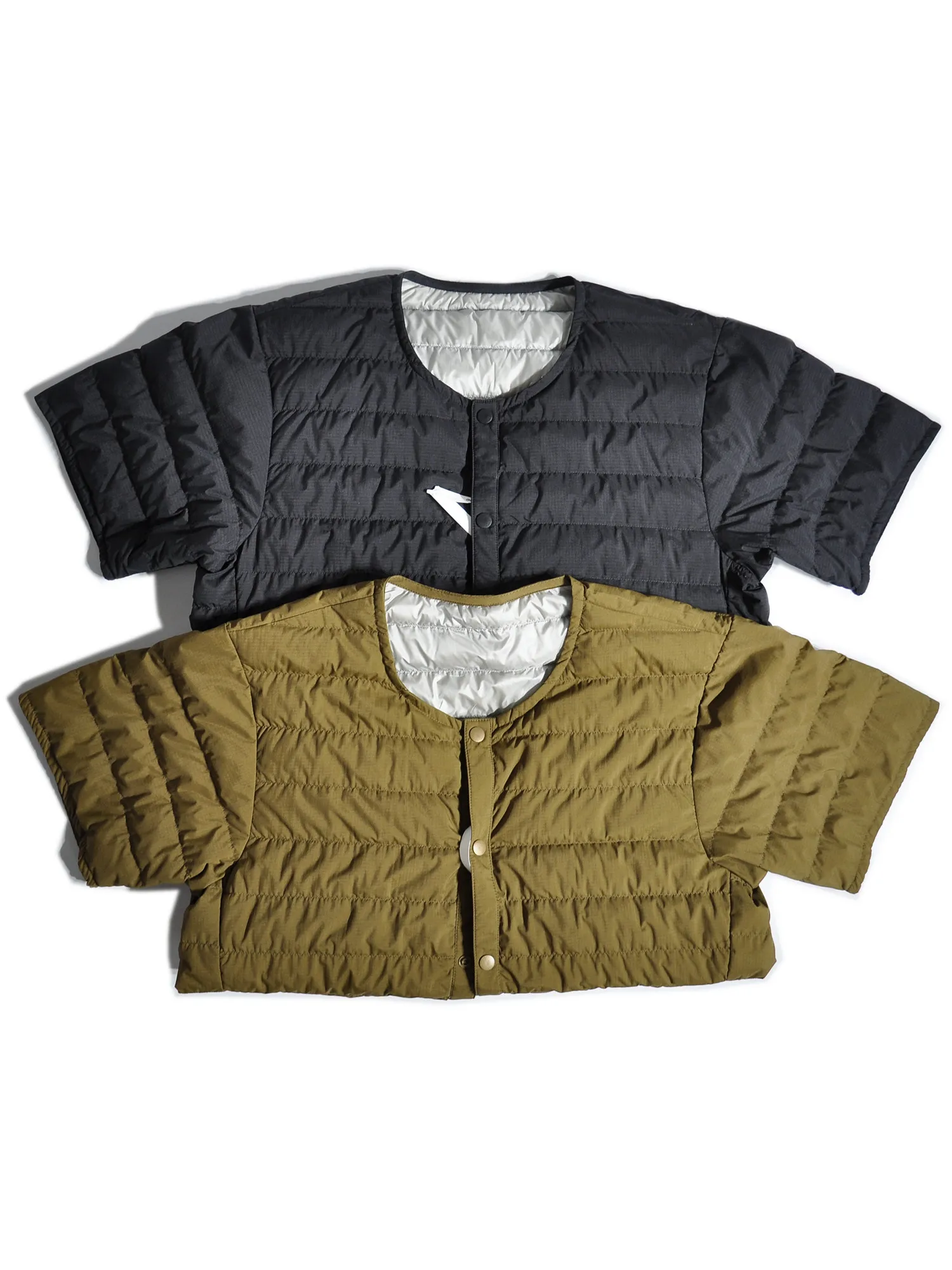 Jaket lapisan dalam hangat bulu angsa putih ringan gaya retro Jepang untuk luar ruangan, setengah lengan tanpa kerah, jaket lengan pendek
