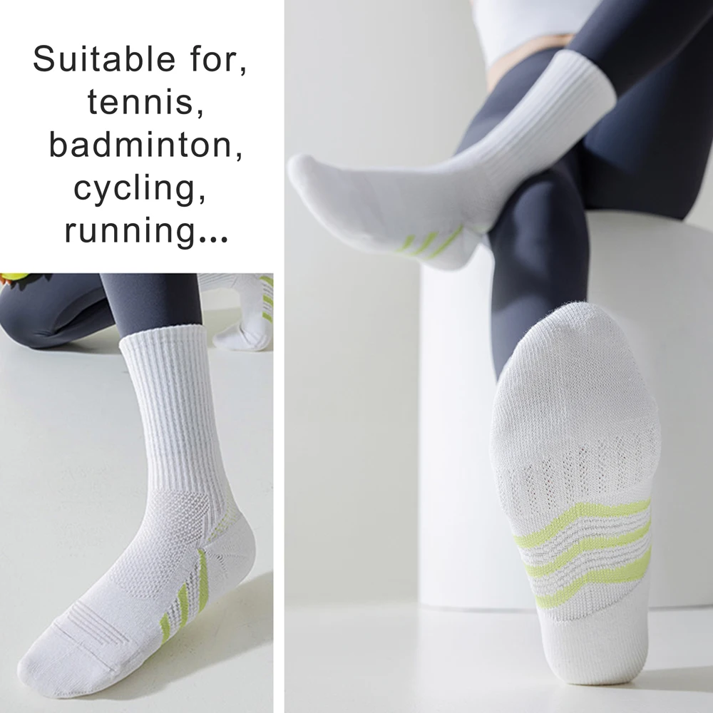 1/2 Paar professionelle Fußgewölbeunterstützung, dick gepolsterte Socken in der Mitte der Wade (Badminton/Tennis/Fitness), stoßdämpfende Performance-Socken – Detail 7