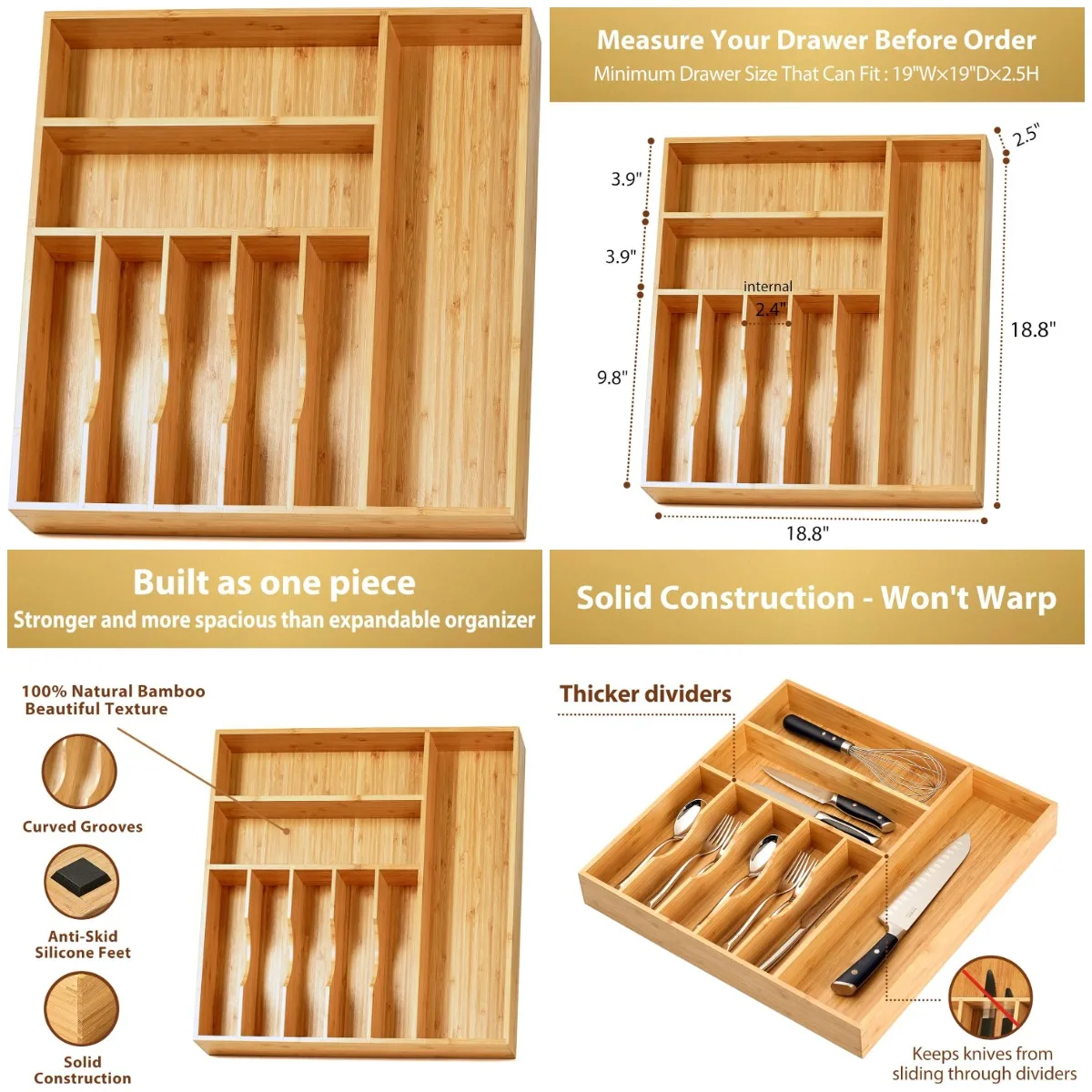 

Большой бамбуковый органайзер для столового серебра 19 x 19 футов, высота 2,5 фута для глубоких ящиков, прочный кухонный поднос