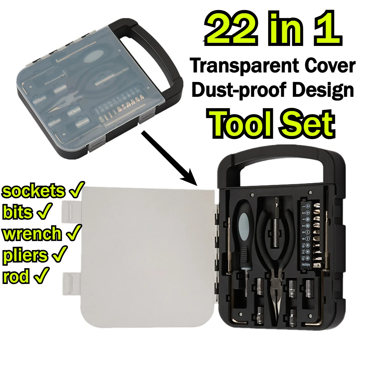 

22 in 1 Tool Sets Including Screwdriver Handle Extended Rod Bits Watch Screwdriver Long nose pliers Inner Hexagon Wrench Socket