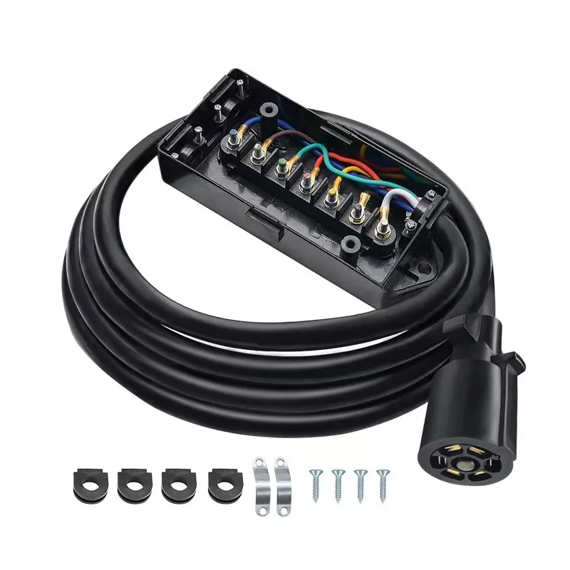 

American-style 7-pin trailer connector cable with junction box for trailer/caravan taillight signal power supply, 8 feet long.