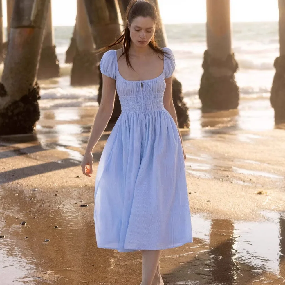 French Country Style Square Neck Puff Sleeve Dress For Women Elastic Waist Pleated Large Hem Mid-Length Dress Summer Solid IC8B