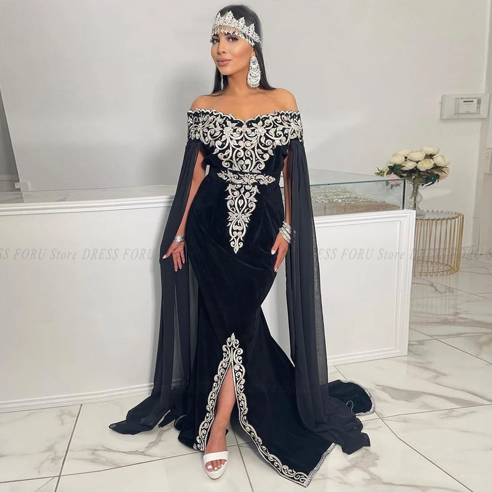 Vintage Mermaid Evening Dresses For Woman Off Shoulder Long Chiffon Cape Applique Morrocan Velour Kaftan Party Gown Velvet Robe