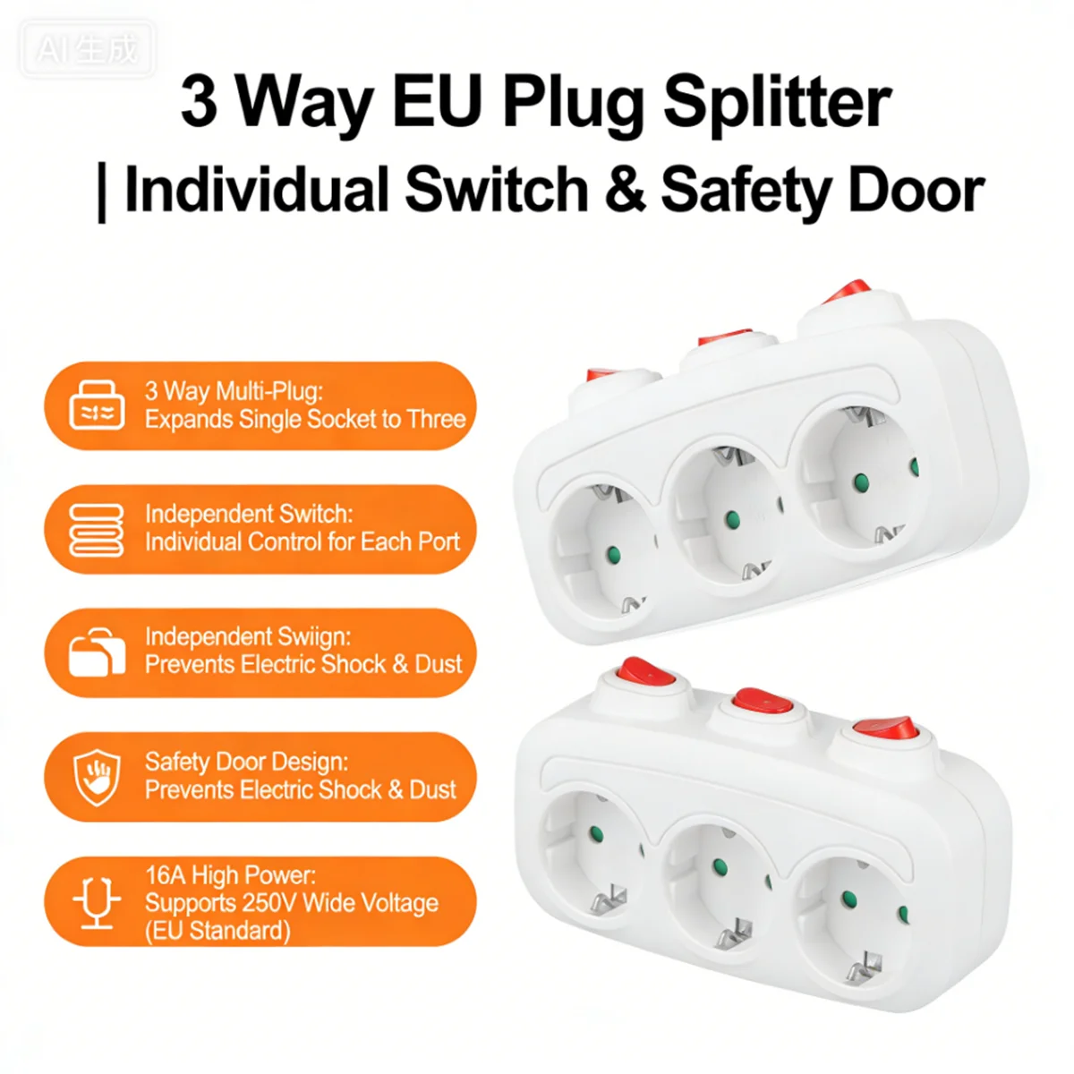 Multi Plug EU Socket Adapter With ON/OFF Individual Switch 250V European Standard Multiple Electric Sockets AC Power Converter