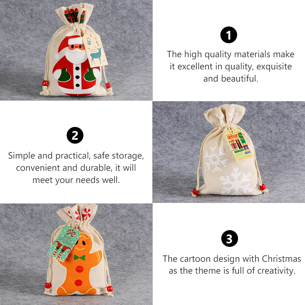 

5Pcs Christmas Gift Bags Drawstring Candy Storage Bag Cartoon Fabric Pouch for Holiday Packing and Decoration Drawstring Bag