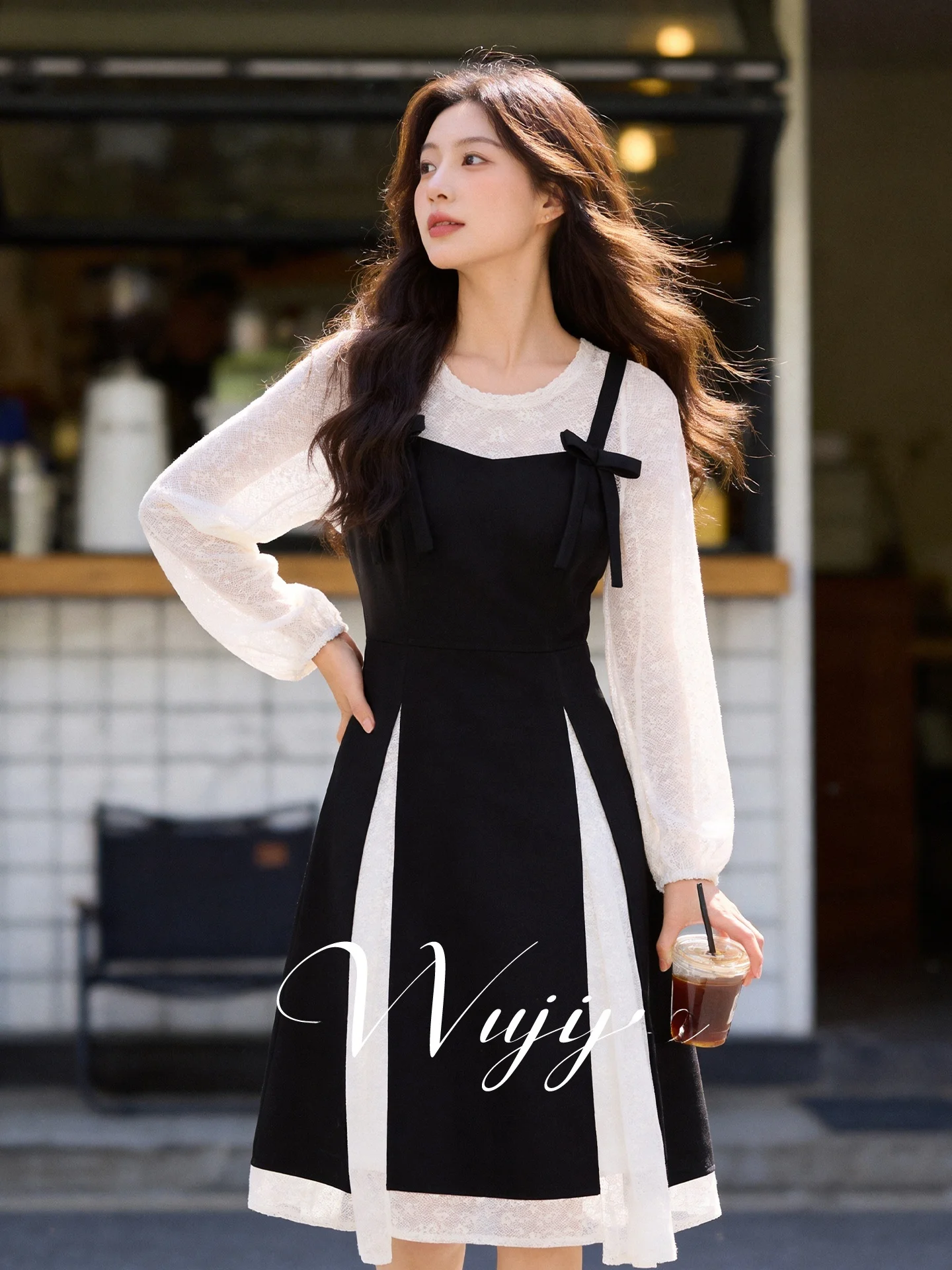 

Элегантное женское платье для ранней весны с длинным рукавом, имитация двух частей, с завышенной талией, А-силуэт, из полиэфирного волокна