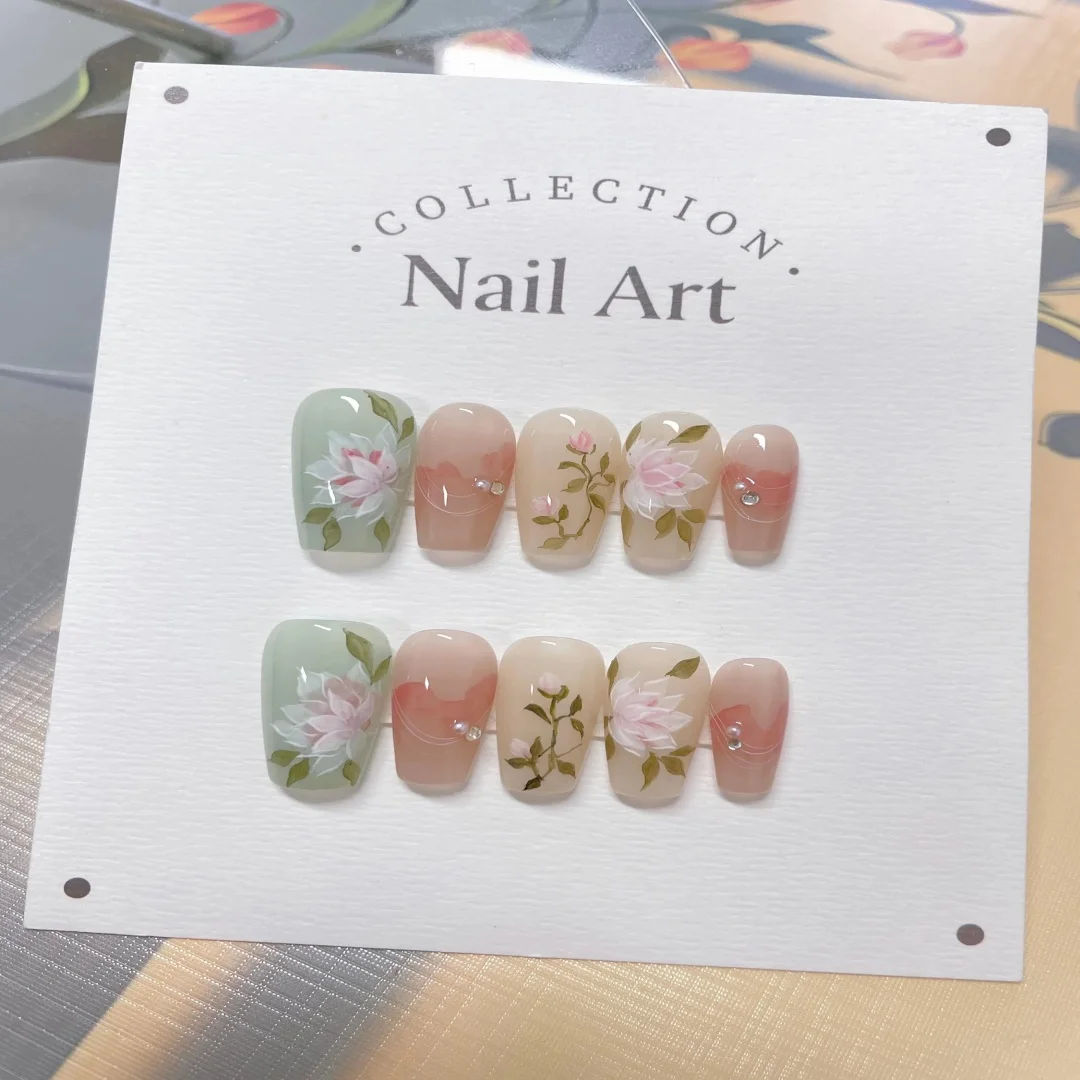 

Watercolor flower custom press-on nails, hand-painted false nails, colored nails, artist imitation nails, reusable quality nails