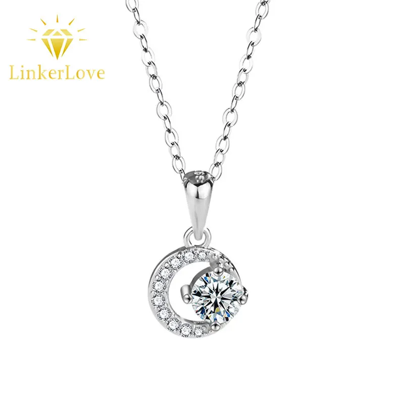 

LinkerLove S925 Sterling Silver Moissanite Moon Pendant Necklace for Women White Gold Plated Dainty Clavicle Chain Jewelry Gift