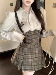 College Style Elegant Patchwork Two Piece Set Women Badge Lapel Shirt + Plaid Waist Strap Skirt Korean Fashion Design Skirt Suit