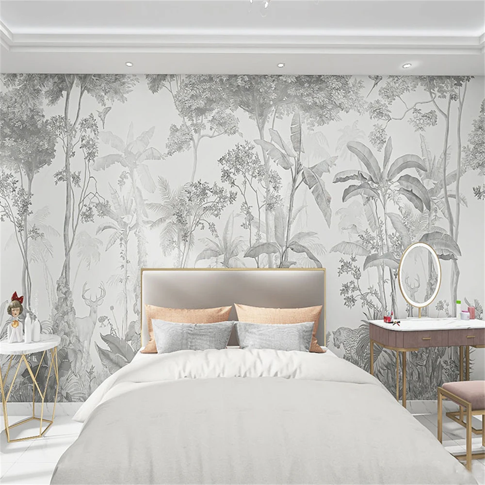 3D hand-painted black and white tropical rainforest animal wallpaper wallpaper wallpaper Southeast Asian restaurant bedroom