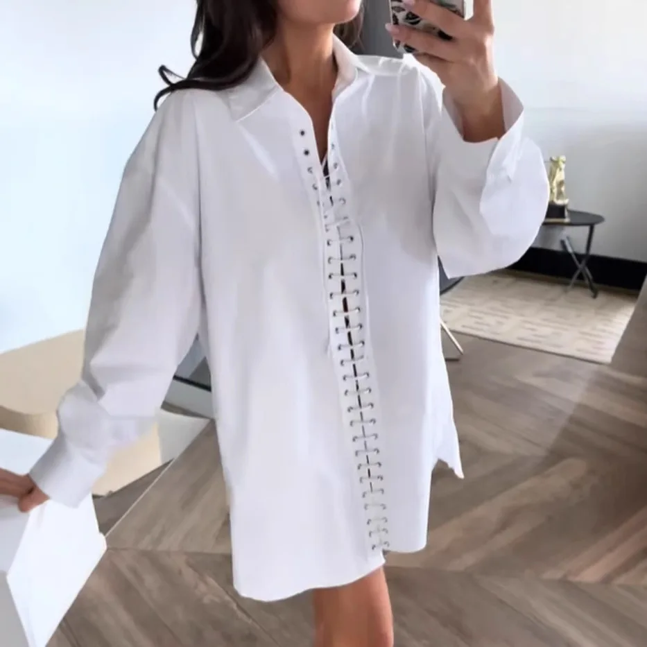 

White Casual Loose Long Shirts for Women Elegant Long Sleeve Oversized Blouse Autumn Winter Fashion Lace Up Hollow Out Tops 2025