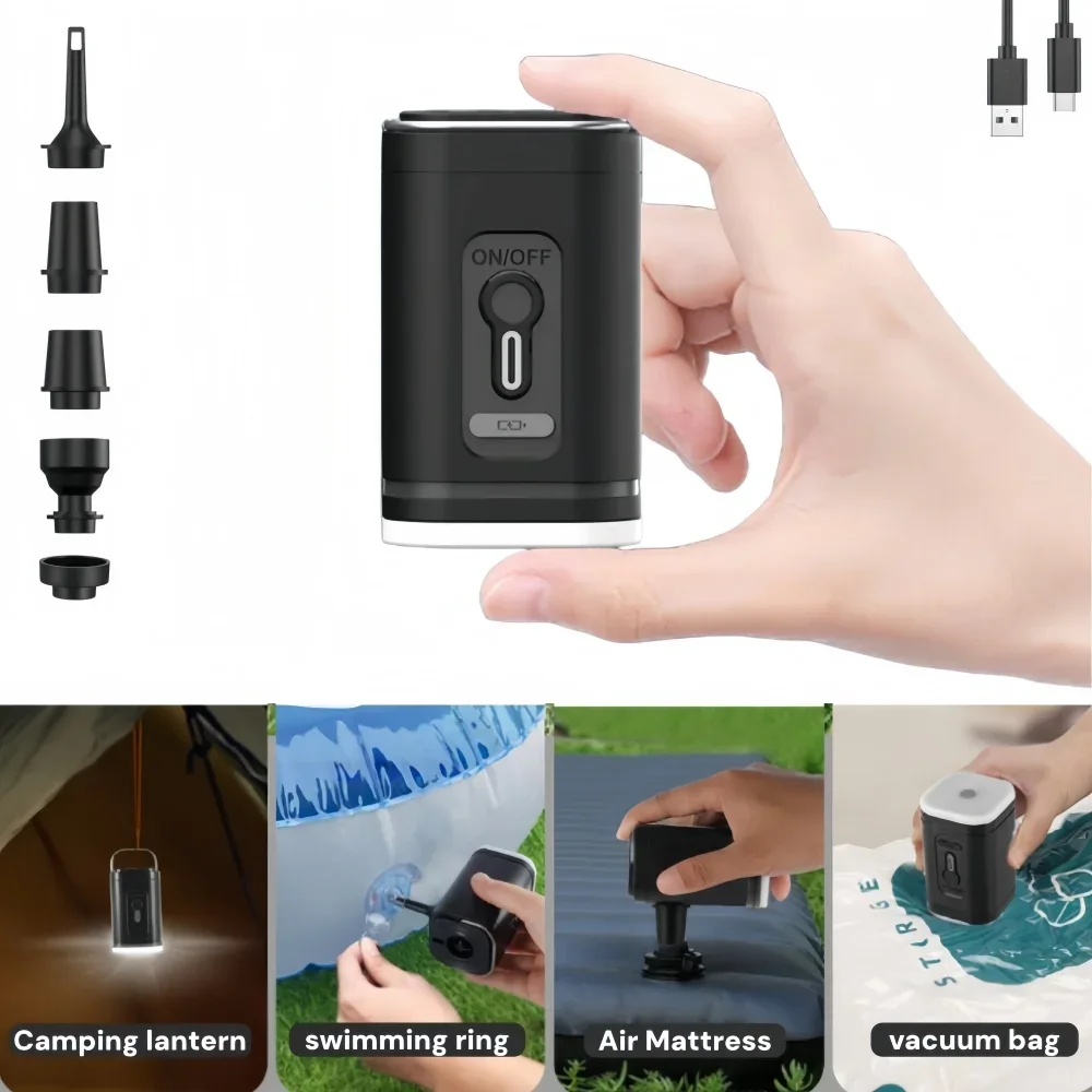 Mini Portable Air Pump with Light USB-C Charging for Sleeping Pads Air Bed Mattress Vacuum Bags - Camping Travel Essential