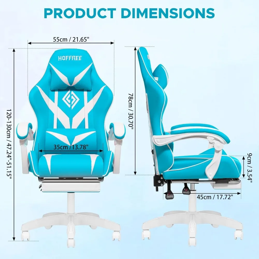 كرسي ألعاب تدليك للأطفال باللونين الأزرق الفاتح والأبيض - كرسي كمبيوتر مستلق مع مسند للقدمين ودعم قطني ومسند للرأس لغرفة الألعاب