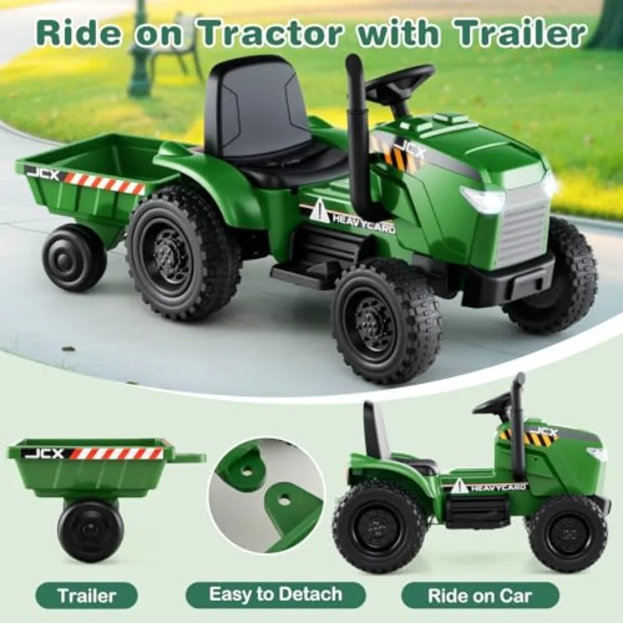 Ride on Tractor with Trailer for Outdoor Play, EVA Tires, Dark Green, Shockproof Wheels Remote-Controlled Music/Lights