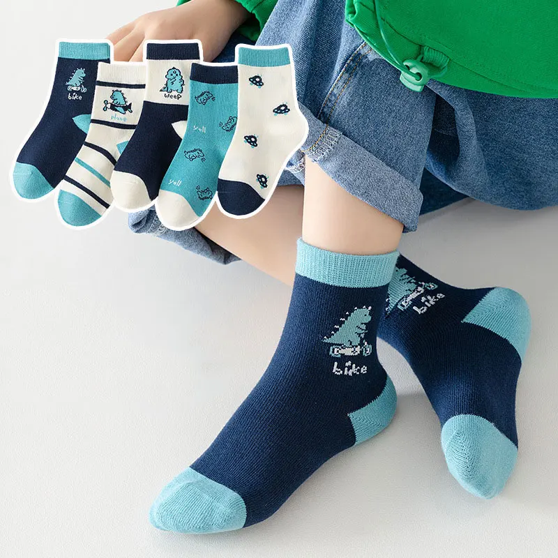 5Pairs Cartoon Dinosaur Kids Mid Tube Socks Boys Odor Resistant Sports Socks 0-14Year Children Cotton Sock Fashion Baby Footwear