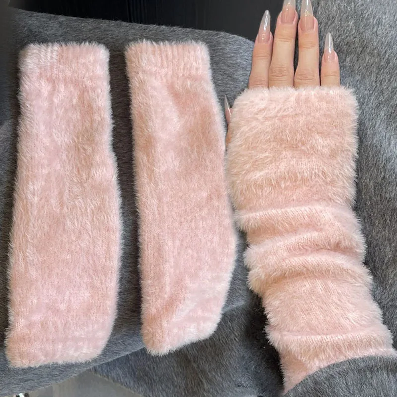 

Норковые флисовые длинные перчатки с половиной пальца, однотонные зимние теплые утепленные вязаные варежки без пальцев для девочек, длинные перчатки на запястье для женщин