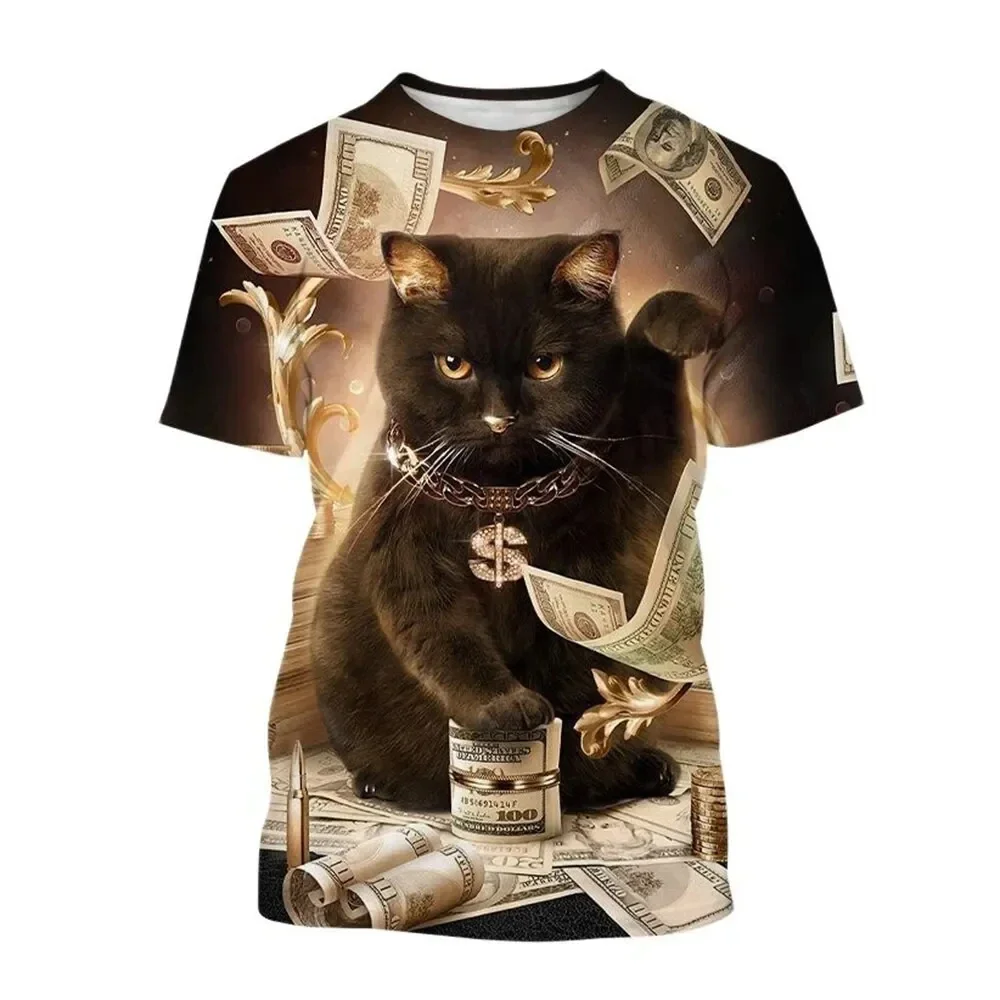 T-shirt engraçada de gato bonito estampado em 3D com animal, camiseta com decote em O, grande, manga curta, casual trend tops, moda verão, nova