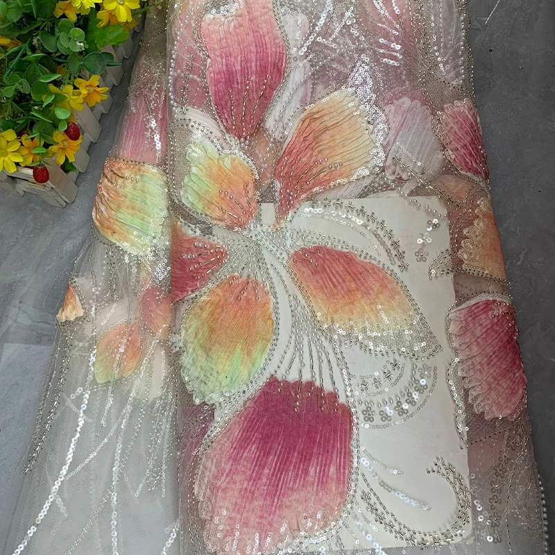 カラフルな花柄パールシルバーチューブビーズ刺繍メッシュレース生地、ステージ、ヨーロッパ、アメリカ、アフリカのパーティー、ウェディングドレス、diy用