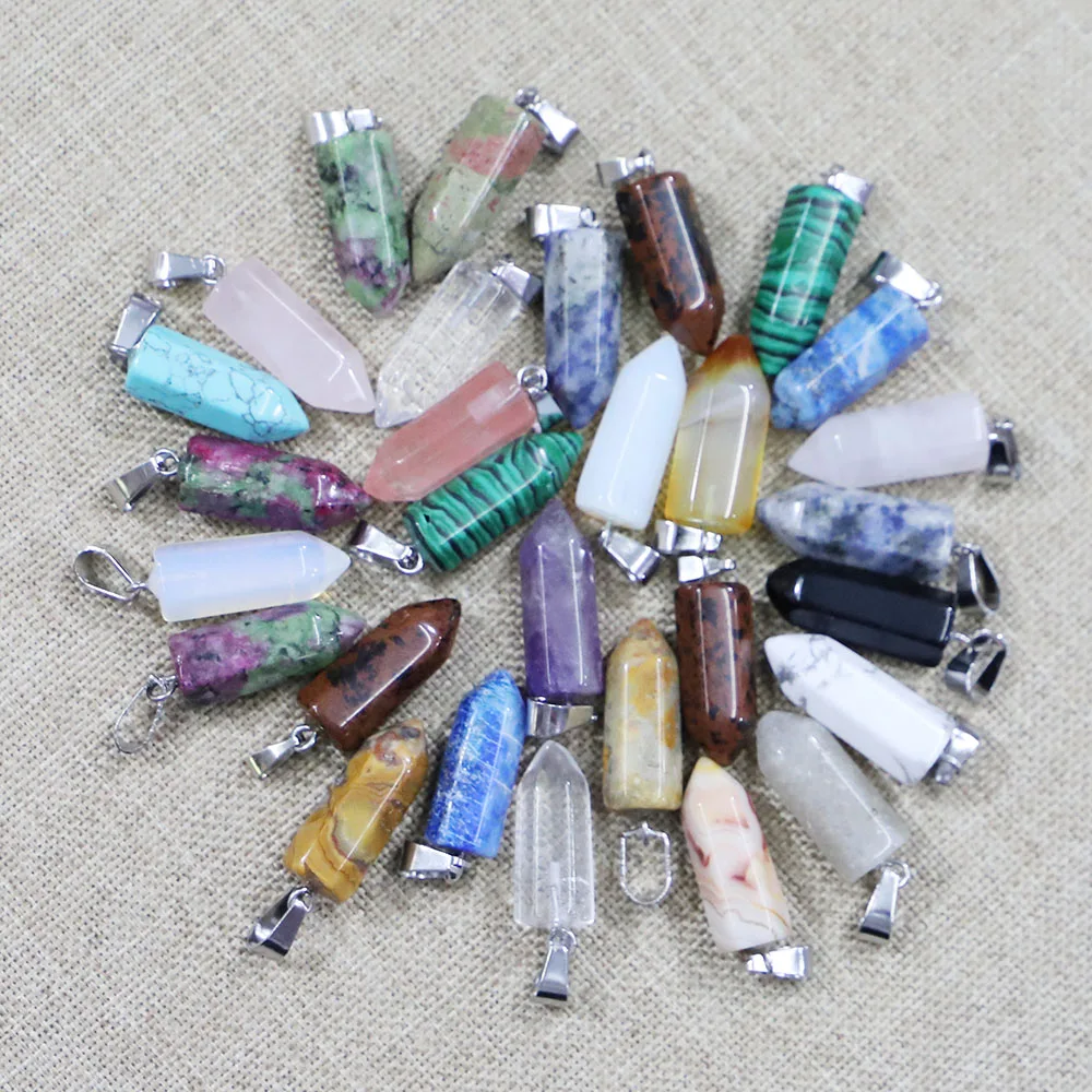 

Fashion Natural Stone Necklace Hexagonal Pillar Pendant Lapis Opal Crystal Quartz Pendulum Reiki Charms DIY Jewelry Making 30Pcs