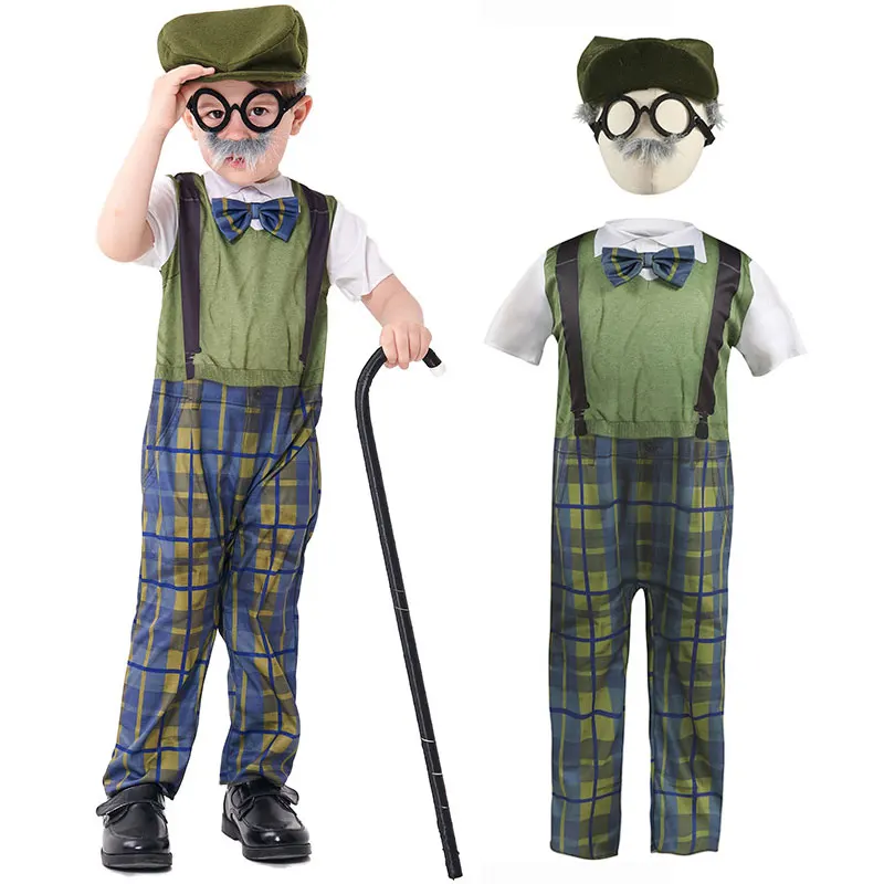 Umorden Kids Child Grandpa Old Man Costume Kit for Boys Short Sleeve Green 4-6Y 6-8Y 8-10Y 10-12Y Old Timer Child