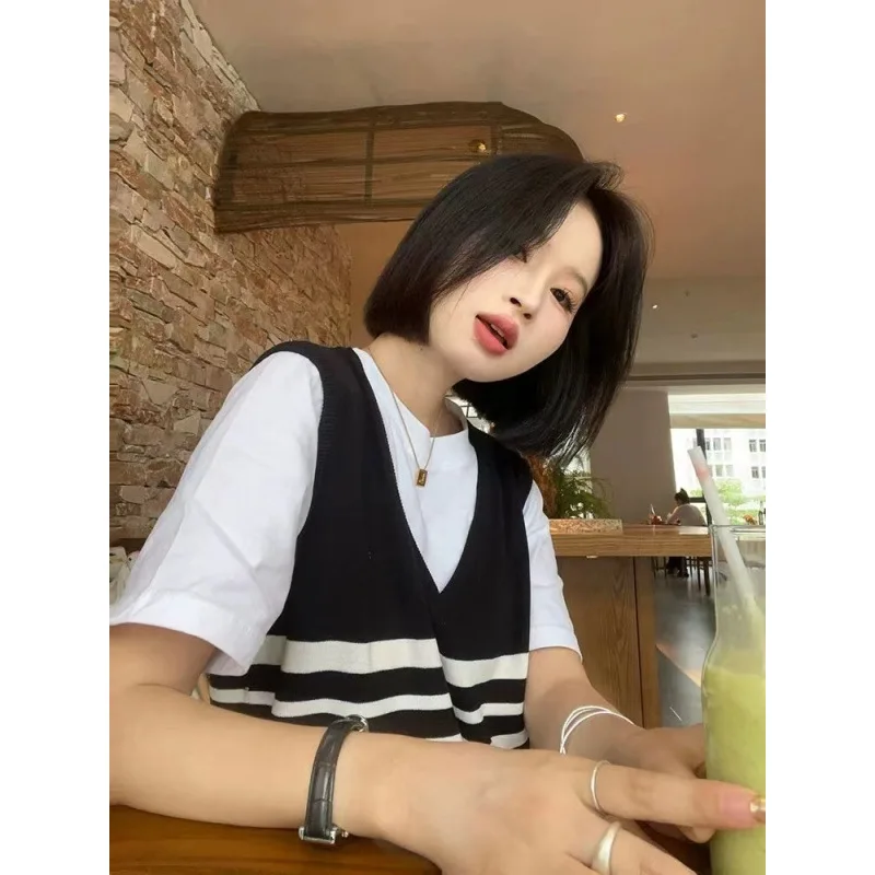 

Женский вязаный жилет, топ с v-образным вырезом в полоску, свитер Bla White College Sle, весна-осень-зима, модный тренд
